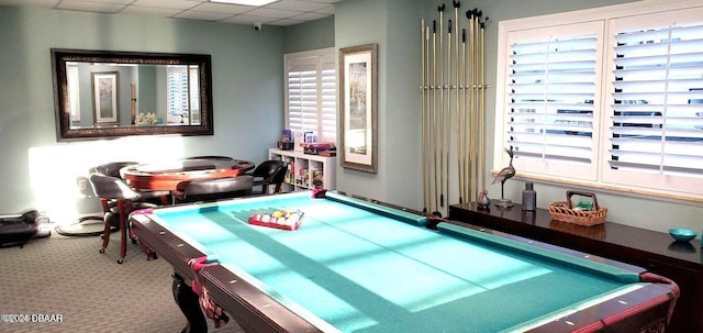 recreation room with a drop ceiling, billiards, and carpet