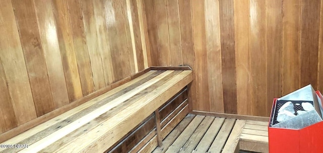 relaxing sauna / steam room featuring wooden walls