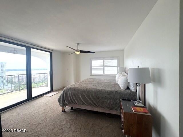 bedroom featuring access to exterior, carpet flooring, and a ceiling fan