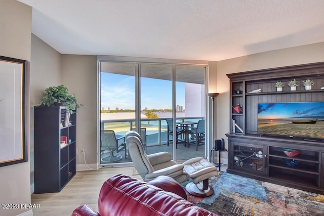 241 Riverside Dr Unit 410, Holly Hill, FL 32117 - living room with light wood-type flooring, baseboards, and a wall of windows