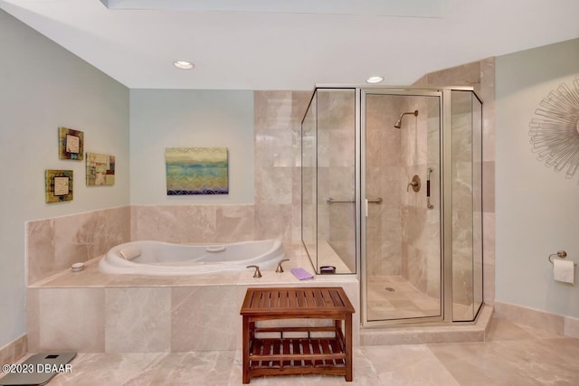 241 Riverside Dr Unit 410, Holly Hill, FL 32117 - full bath featuring a bath, a stall shower, tile patterned floors, recessed lighting, and baseboards
