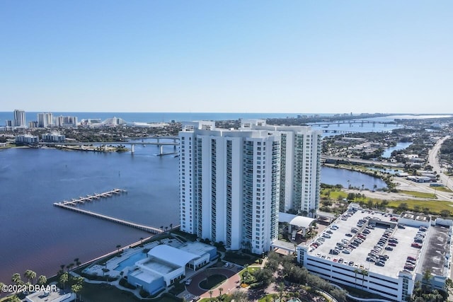 drone / aerial view with a water view