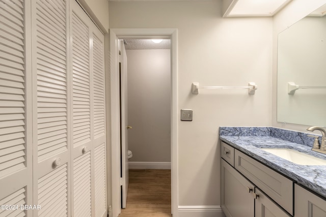 bathroom with hardwood / wood-style flooring, vanity, toilet, and a textured ceiling