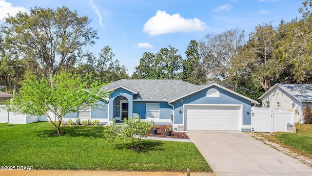 single story home with a front yard, a gate, driveway, an attached garage, and stucco siding