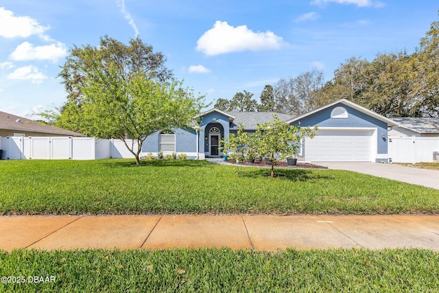 view of front facade with driveway, a front lawn, a gate, fence, and an attached garage