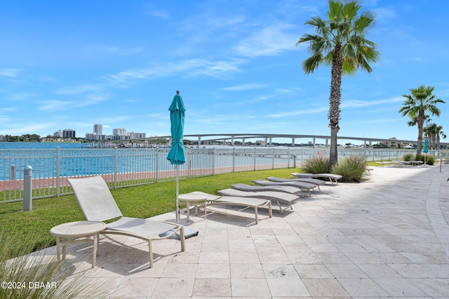 231 Riverside Dr Unit 1106-1, Holly Hill, FL 32117 - view of property's community with fence, a water view, and a patio area