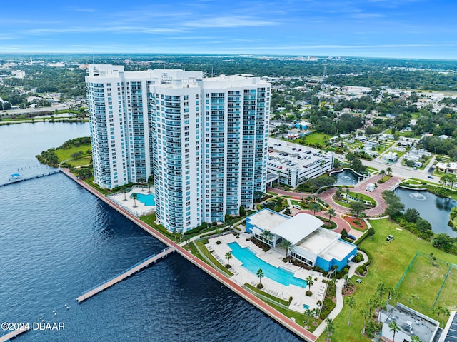 birds eye view of property featuring a water view