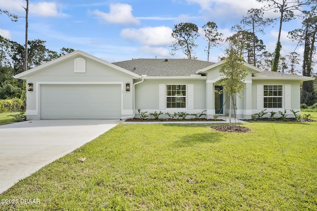 ranch-style home featuring a front lawn and a garage