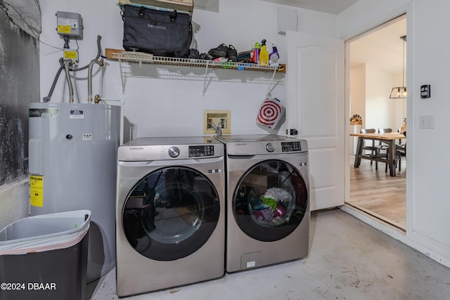 laundry area with water heater and washer and clothes dryer