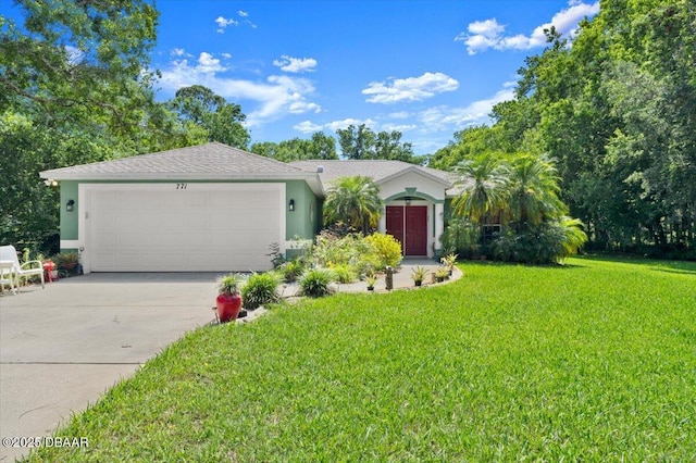 771 Arroyo Pkwy, Ormond Beach, FL 32174 - ranch-style house with concrete driveway, an attached garage, a front lawn, and stucco siding