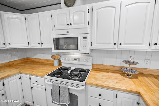 kitchen featuring white cabinets, white appliances, backsplash, and wooden counters