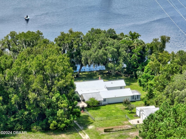 bird's eye view with a water view