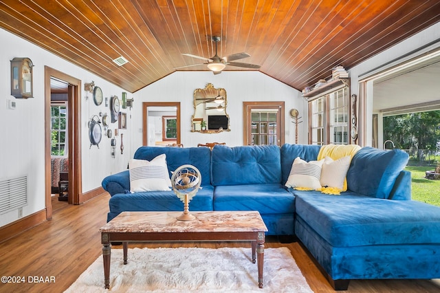 living room with wooden ceiling, ceiling fan, lofted ceiling, and hardwood / wood-style floors