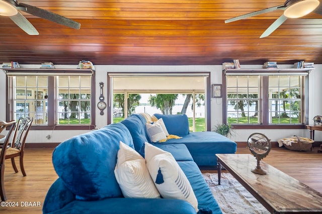 living room with wood ceiling, hardwood / wood-style flooring, and ceiling fan