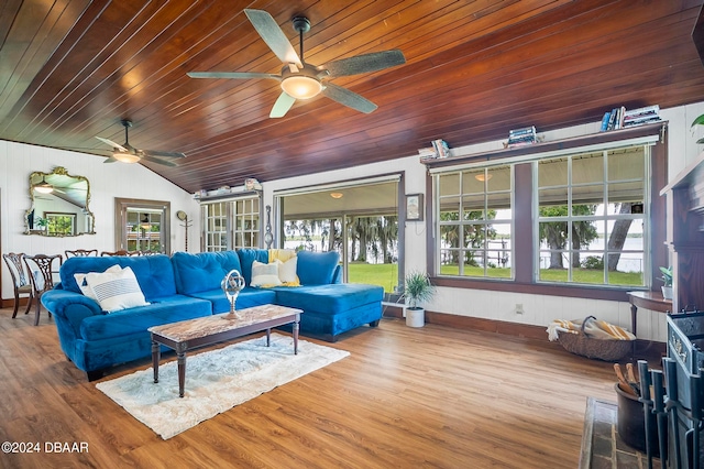 living room featuring lofted ceiling, wood ceiling, ceiling fan, and wood-type flooring