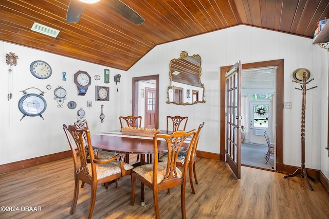 dining space featuring lofted ceiling, wood-type flooring, wood ceiling, and french doors