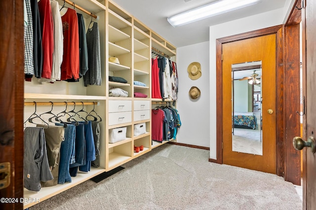 walk in closet featuring carpet flooring and ceiling fan