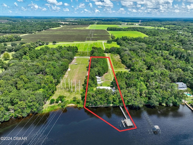 aerial view featuring a water view and a rural view