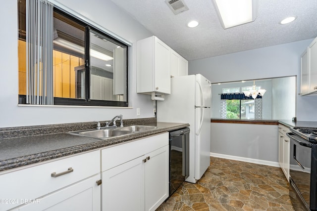 kitchen featuring white cabinets, a textured ceiling, sink, and black appliances