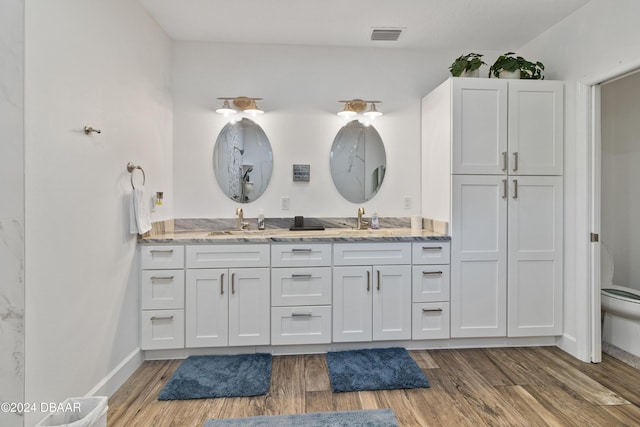 bathroom featuring hardwood / wood-style flooring, vanity, and toilet