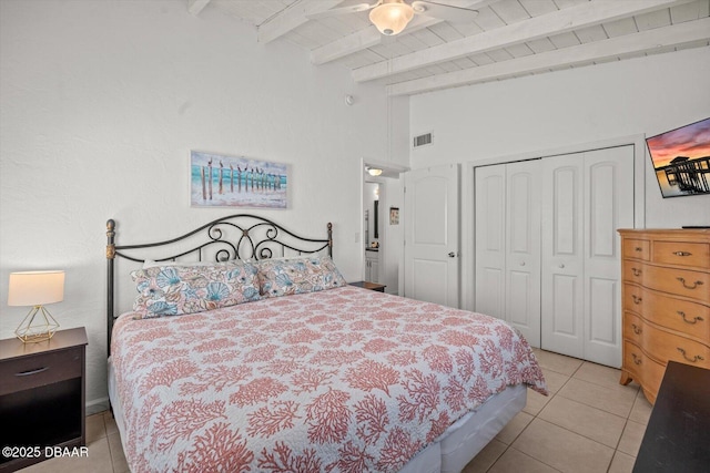 14 Essex Dr, Ormond Beach, FL 32176 - bedroom with tile patterned flooring, visible vents, wooden ceiling, beamed ceiling, and a closet
