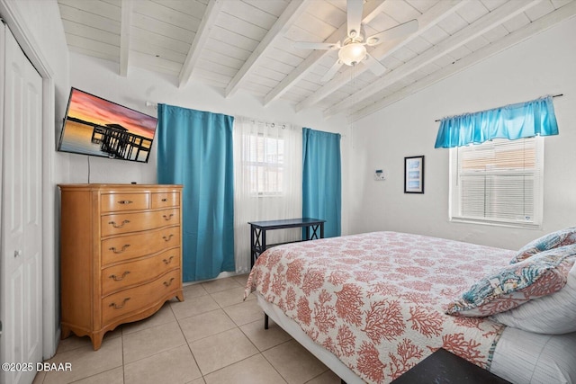 14 Essex Dr, Ormond Beach, FL 32176 - bedroom featuring lofted ceiling with beams, wooden ceiling, light tile patterned floors, and a ceiling fan