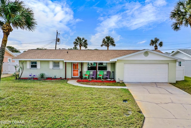 single story home featuring a front yard, covered porch, and a garage