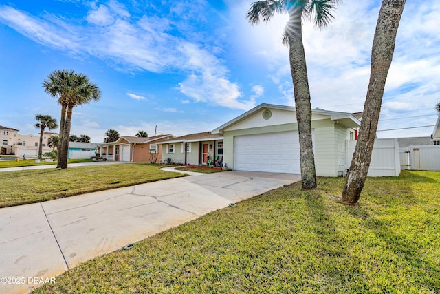 single story home with a garage and a front lawn