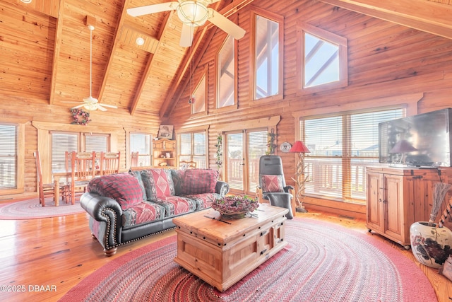 109 Avalon Dr, Ormond Beach, FL 32176 - living room featuring ceiling fan, wooden ceiling, light wood-style flooring, wood walls, and beamed ceiling