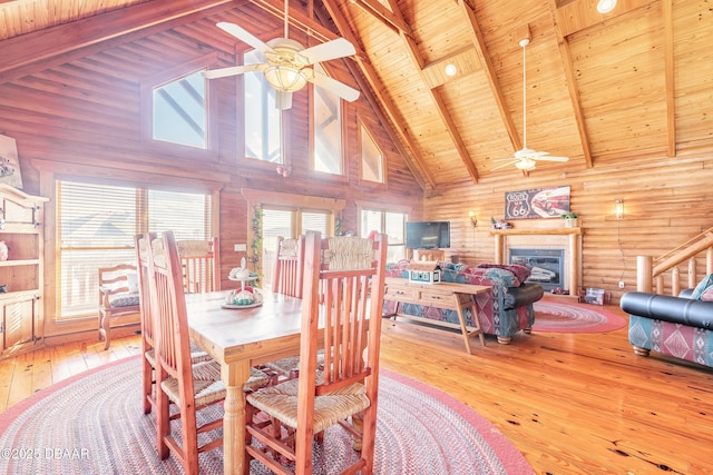 109 Avalon Dr, Ormond Beach, FL 32176 - dining area featuring high vaulted ceiling, wood ceiling, beam ceiling, wood-type flooring, and a glass covered fireplace