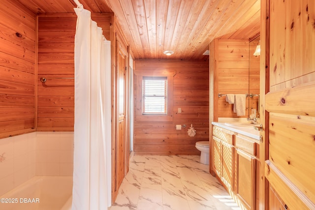 109 Avalon Dr, Ormond Beach, FL 32176 - full bath with toilet, marble finish floor, wood ceiling, and wooden walls