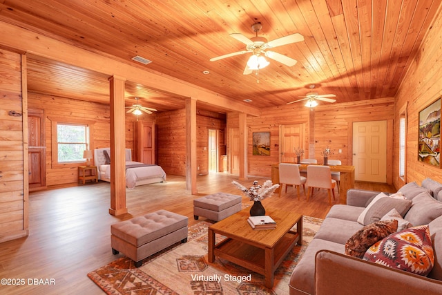 109 Avalon Dr, Ormond Beach, FL 32176 - living area featuring wood walls, wood ceiling, visible vents, and wood finished floors
