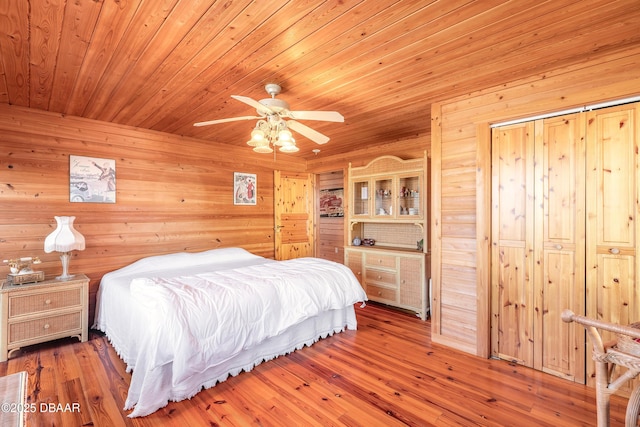 109 Avalon Dr, Ormond Beach, FL 32176 - bedroom featuring wooden ceiling, ceiling fan, wooden walls, and hardwood / wood-style floors