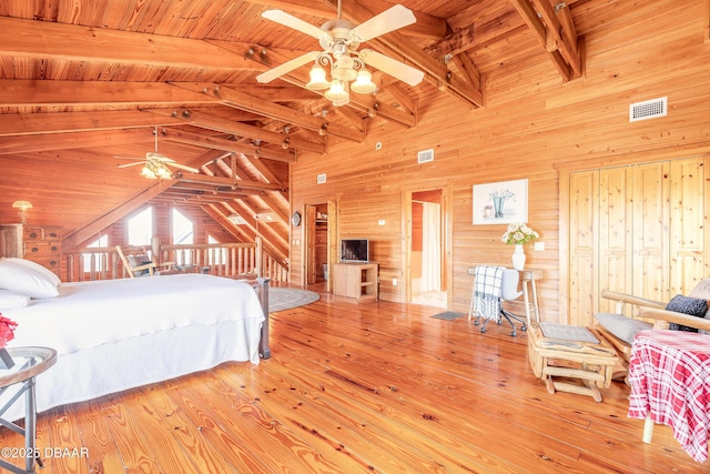 109 Avalon Dr, Ormond Beach, FL 32176 - bedroom featuring visible vents, lofted ceiling with beams, wood ceiling, wooden walls, and wood finished floors