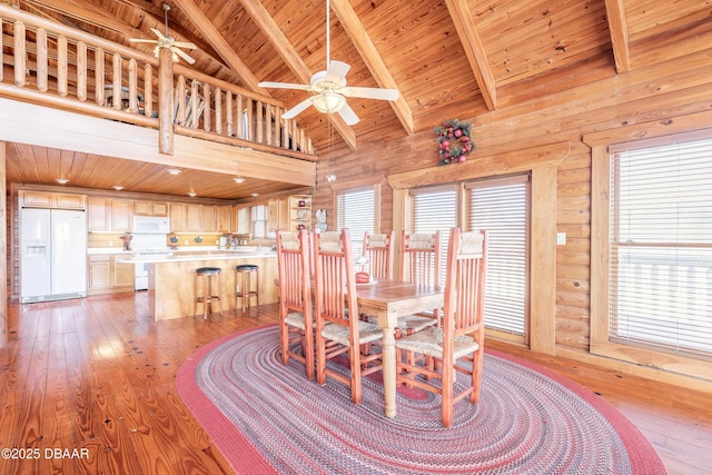 109 Avalon Dr, Ormond Beach, FL 32176 - dining room featuring a healthy amount of sunlight, wooden ceiling, ceiling fan, and light wood-style floors