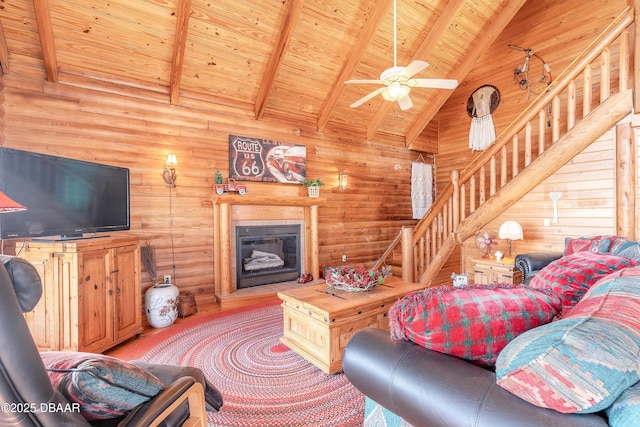 109 Avalon Dr, Ormond Beach, FL 32176 - living area featuring a glass covered fireplace, wooden ceiling, beamed ceiling, stairs, and high vaulted ceiling