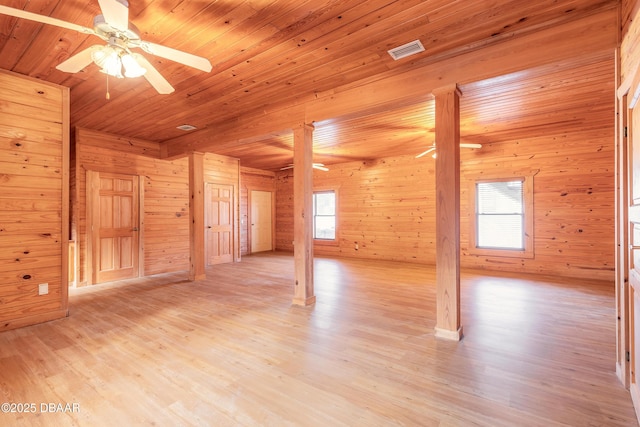 109 Avalon Dr, Ormond Beach, FL 32176 - empty room with a ceiling fan, wood ceiling, wood walls, and light wood-style flooring