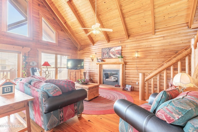 109 Avalon Dr, Ormond Beach, FL 32176 - living room with a glass covered fireplace, wooden ceiling, wood finished floors, high vaulted ceiling, and beam ceiling