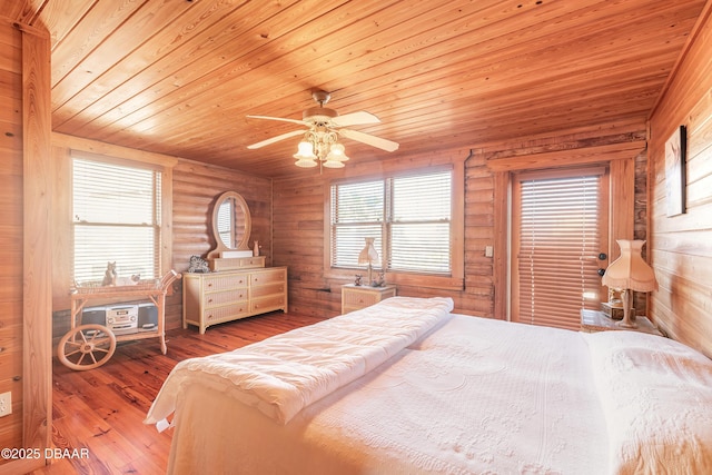 109 Avalon Dr, Ormond Beach, FL 32176 - bedroom with a ceiling fan, wood-type flooring, wooden ceiling, and log walls