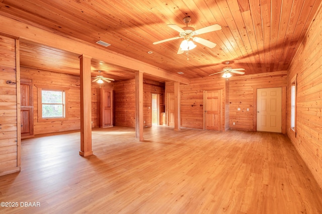 109 Avalon Dr, Ormond Beach, FL 32176 - unfurnished room with light wood finished floors, wood ceiling, wooden walls, and a ceiling fan