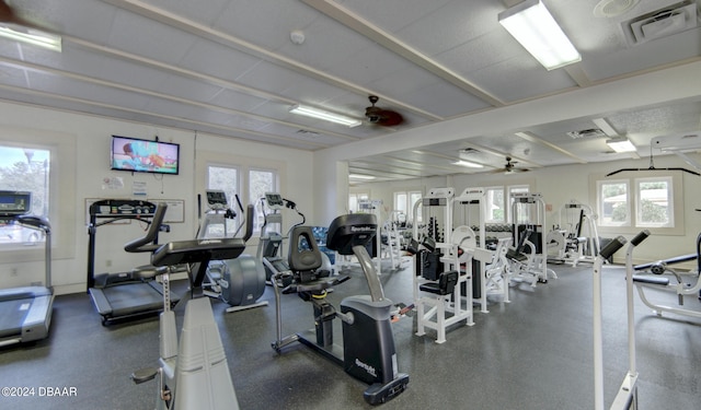 workout area featuring ceiling fan