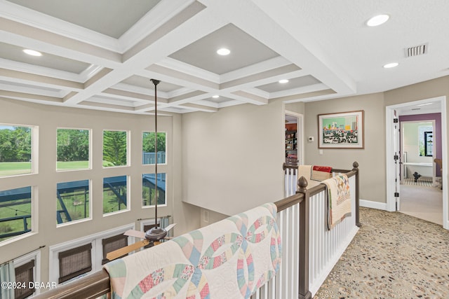 interior space featuring beamed ceiling, light carpet, and coffered ceiling