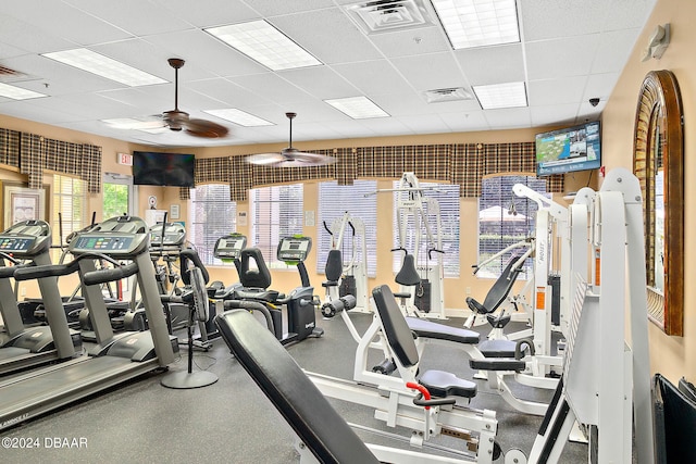 exercise room with ceiling fan and a drop ceiling