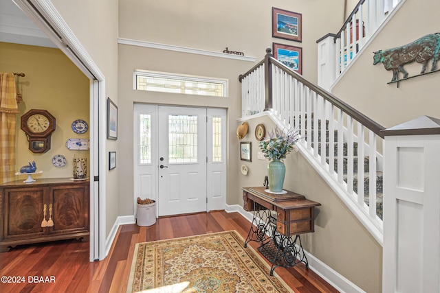 foyer featuring a towering ceiling and dark hardwood / wood-style floors