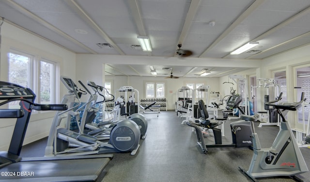 workout area with ceiling fan