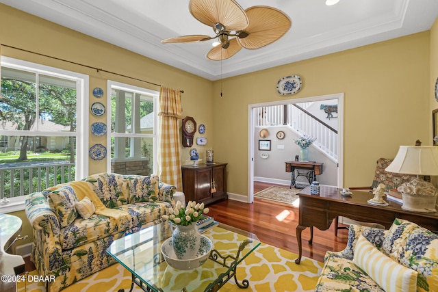 living room with hardwood / wood-style floors, ceiling fan, and a raised ceiling