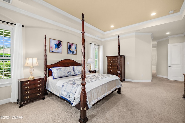 bedroom featuring ornamental molding, light colored carpet, and a raised ceiling