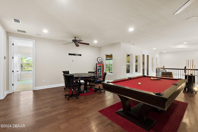 playroom with pool table, dark wood-type flooring, and ceiling fan