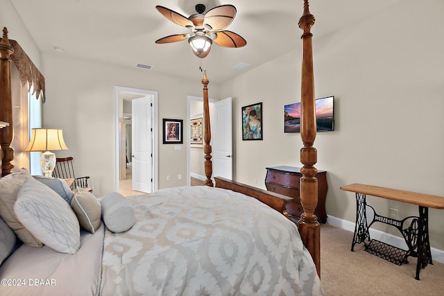 bedroom with light colored carpet and ceiling fan