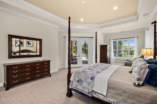 bedroom with access to exterior, french doors, light carpet, and crown molding